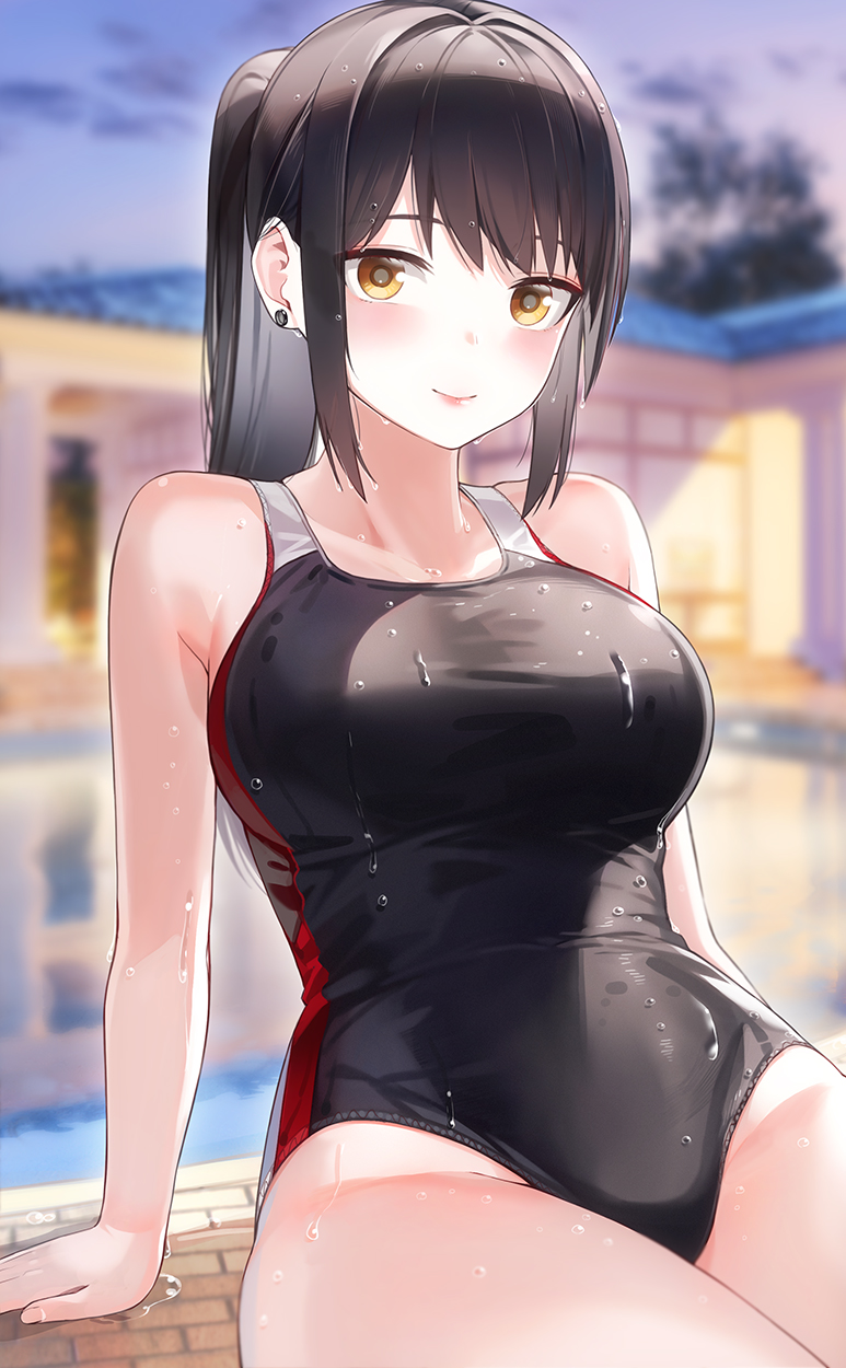 1girl bare_legs black_hair black_swimsuit blurry blurry_background blush breasts closed_mouth commentary competition_swimsuit ear_piercing highres house kfr large_breasts lips long_hair looking_at_viewer one-piece_swimsuit orange_eyes original outdoors piercing ponytail pool sitting smile solo swimsuit thighs wet wet_hair