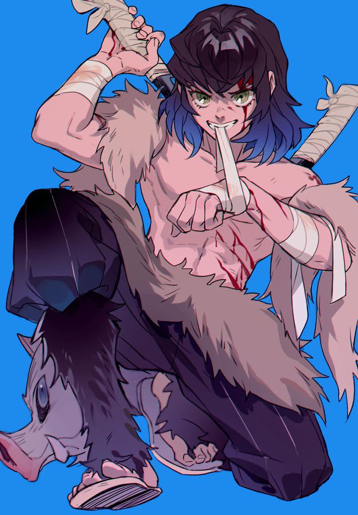 1boy arm_up bandaged_arm bandaged_hand bandages bangs bare_shoulders black_hair blood blood_on_face bloody_hands blue_background boar collarbone facing_viewer full_body fur gradient_hair green_eyes hashibira_inosuke japanese_clothes ke02152 kimetsu_no_yaiba looking_at_viewer male_focus medium_hair multicolored_hair navel open_mouth over_shoulder pants scratches shirtless simple_background sitting smile stomach sword teeth weapon weapon_on_back weapon_over_shoulder