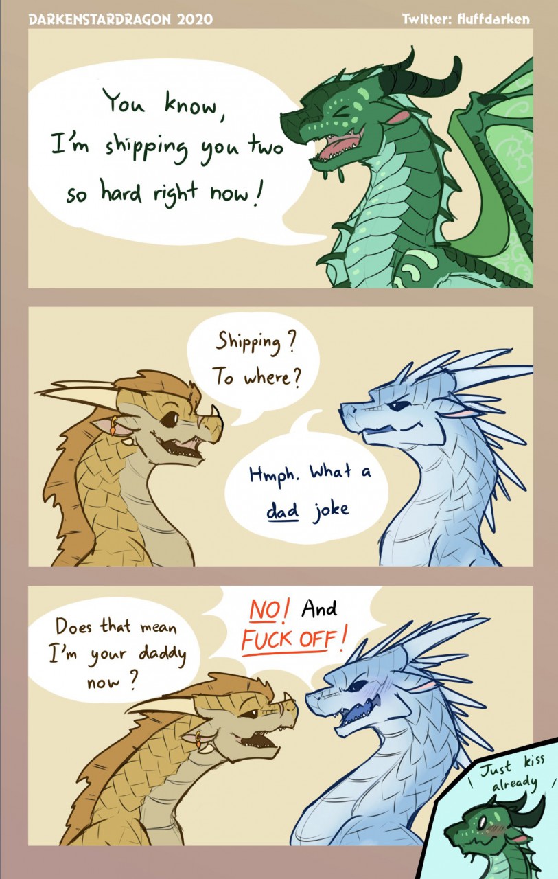 blush darkenstardragon dialogue dragon duo ear_piercing ear_ring english_text eyes_closed feral hi_res humor icewing_(wof) male male/male piercing qibli_(wof) sandwing_(wof) seawing_(wof) text turtle_(wof) wings_of_fire winter_(wof)