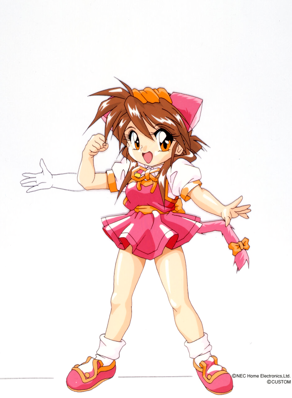 1girl animal_ears bow brown_hair cat_ears cat_tail chip-chan_kick! chip_(chip-chan_kick!) clenched_hand copyright copyright_name dress full_body hair_over_shoulder highres long_hair looking_at_viewer official_art open_mouth orange_eyes pink_footwear puffy_sleeves short_dress short_sleeves simple_background solo standing tail tail_bow white_background yanagi_hirohiko