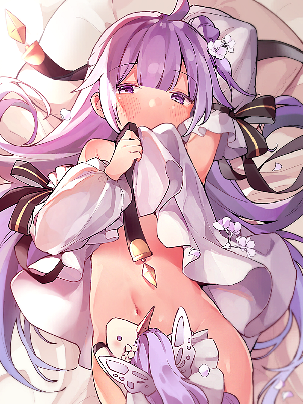 1girl ahoge arm_up azur_lane bed_sheet blush commentary_request covered_mouth detached_sleeves dress dress_lift flower groin hair_bun hair_flower hair_ornament half-closed_eyes hand_up lifted_by_self long_hair long_sleeves lying navel on_back one_side_up pillow puffy_long_sleeves puffy_sleeves purple_eyes purple_hair side_bun solo stuffed_alicorn stuffed_animal stuffed_toy tsuka unicorn_(azur_lane) very_long_hair white_dress white_flower white_sleeves