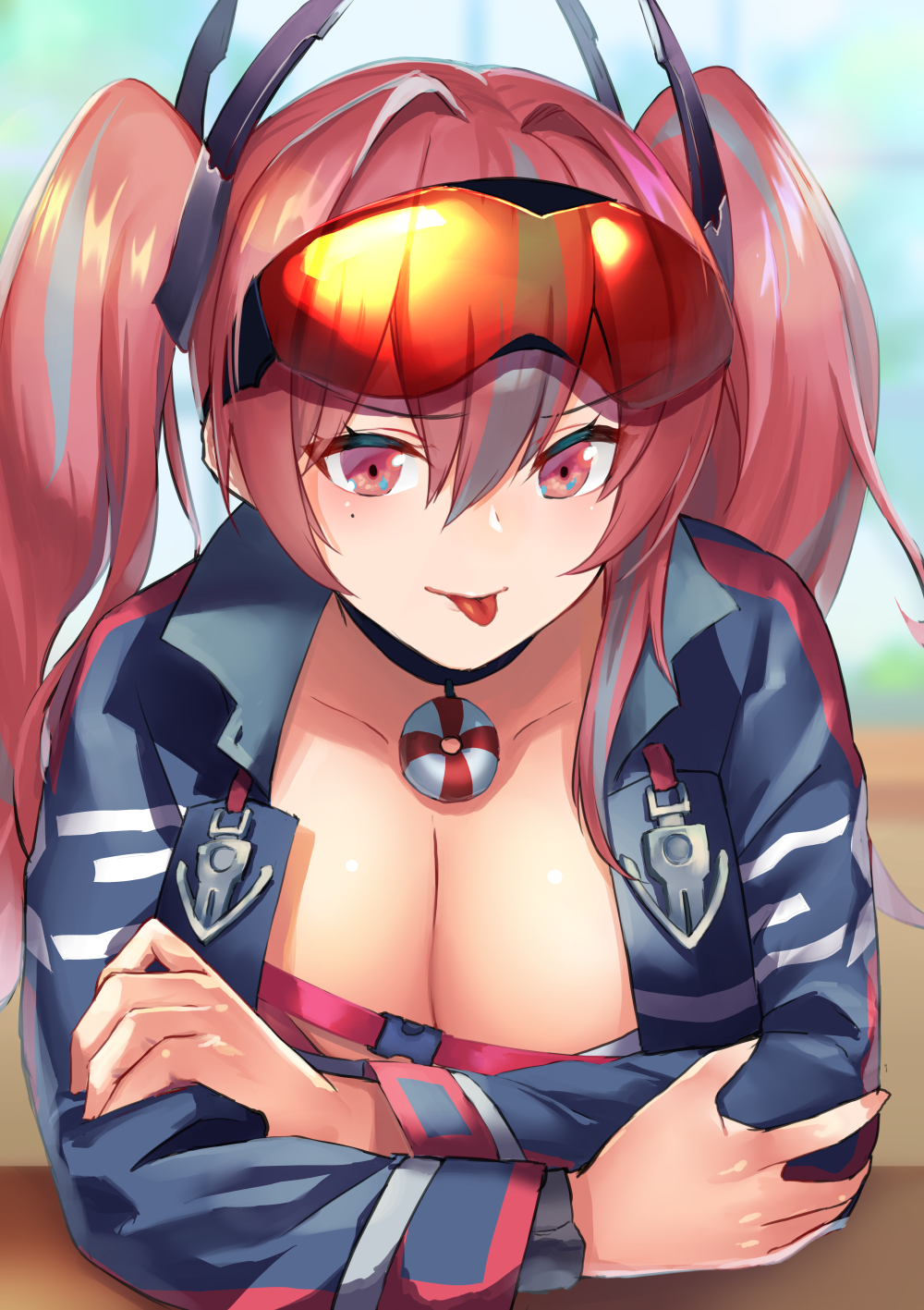 1girl azur_lane bangs bikini blue_jacket blush breasts bremerton_(azur_lane) choker cleavage closed_mouth collarbone goggles goggles_on_head hair_ornament highres jacket large_breasts long_hair long_sleeves looking_at_viewer mole mole_under_eye multicolored_hair open_clothes open_jacket pink_bikini pink_eyes pink_hair shimozuki_shio sidelocks smile streaked_hair swimsuit tongue tongue_out twintails