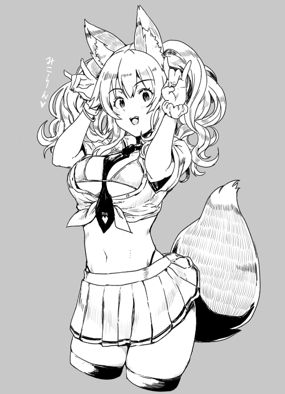 1girl animal_ear_fluff animal_ears bangs bikini bikini_top blush breasts cleavage fate/extra fate_(series) fox_ears fox_girl fox_shadow_puppet fox_tail grey_background greyscale hair_between_eyes hands_up large_breasts long_hair looking_at_viewer midriff monochrome navel open_mouth shirt sidelocks simple_background skirt smile sumisu_(mondo) swimsuit tail tamamo_(fate)_(all) tamamo_no_mae_(fate) thighs tied_shirt twintails