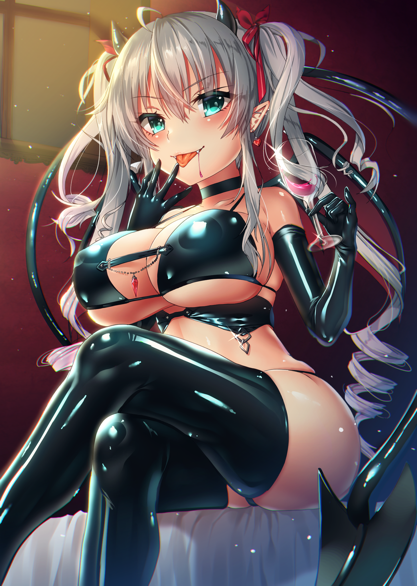 &gt;:p 1girl aqua_eyes bdsm bondage bound breasts choker cleavage commentary_request crossed_legs cup demon_girl demon_tail drinking_glass earrings elbow_gloves elf fangs from_below gem gloves hair_ribbon hairband hand_to_own_mouth highres holding holding_cup horns jewelry keita_(tundereyuina) large_breasts latex latex_bra latex_choker latex_gloves latex_legwear long_hair looking_at_viewer moonlight on_bed original ornament pinky_out pointy_ears red_hairband ribbon shiny silver_hair sitting solo tagme tail thighhighs very_long_hair wide_hips wine_glass