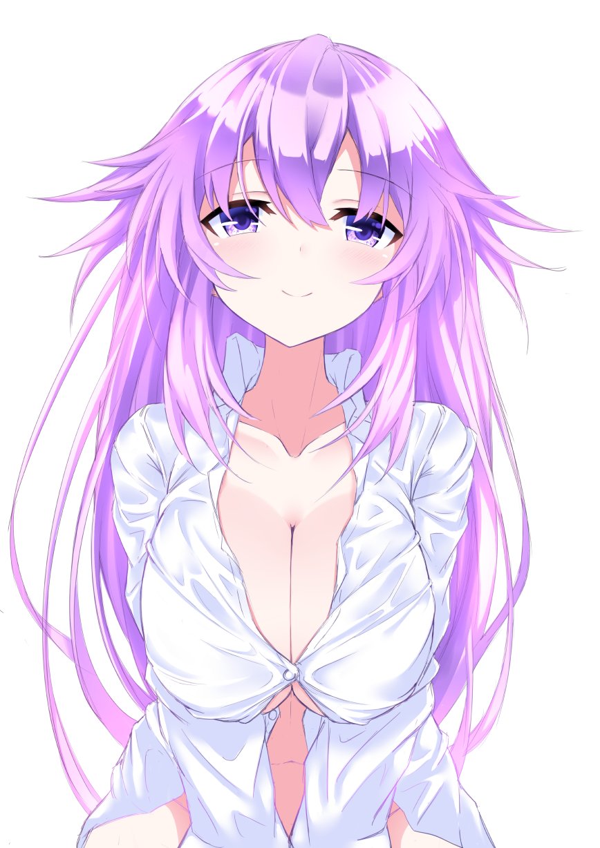 1girl adult_neptune blush bottomless breasts cleavage commentary_request groin hair_between_eyes hands_together highres large_breasts long_hair looking_at_viewer midriff naked_shirt navel neptune_(series) nijihasisiduki no_bra no_hairclip no_panties partially_unbuttoned purple_eyes purple_hair shirt simple_background smile solo very_long_hair white_background white_shirt