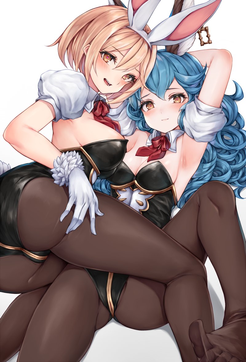 2girls animal_ears armpits arms_behind_head arms_up ass bangs black_legwear black_leotard blonde_hair blush breasts bunny_ears bunny_tail bunnysuit cleavage closed_mouth commentary curly_hair detached_collar djeeta_(granblue_fantasy) eyebrows_visible_through_hair fake_animal_ears ferry_(granblue_fantasy) gloves granblue_fantasy hair_between_eyes hand_on_own_thigh inaba_sunimi jewelry leotard long_hair looking_at_viewer medium_breasts multiple_girls neck_ribbon no_shoes open_mouth pantyhose red_ribbon ribbon short_hair simple_background single_earring smile strapless strapless_leotard tail thighs tongue white_background white_gloves yellow_eyes