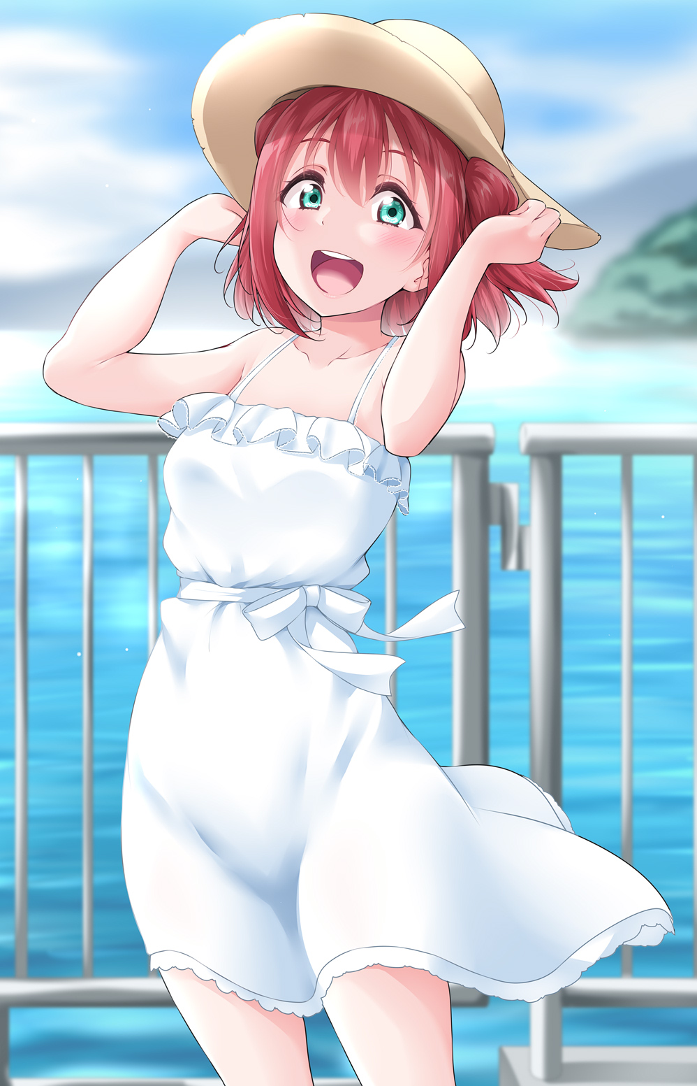 1girl :d bangs bare_arms beige_headwear blue_sky blush breasts cloud collarbone dress frill_trim green_eyes hand_on_headwear hat highres kurosawa_ruby looking_at_viewer love_live! love_live!_sunshine!! medium_hair mountain ocean open_mouth outdoors railing red_hair sky sleeveless sleeveless_dress small_breasts smile solo sun_hat upper_teeth water white_dress wind yopparai_oni