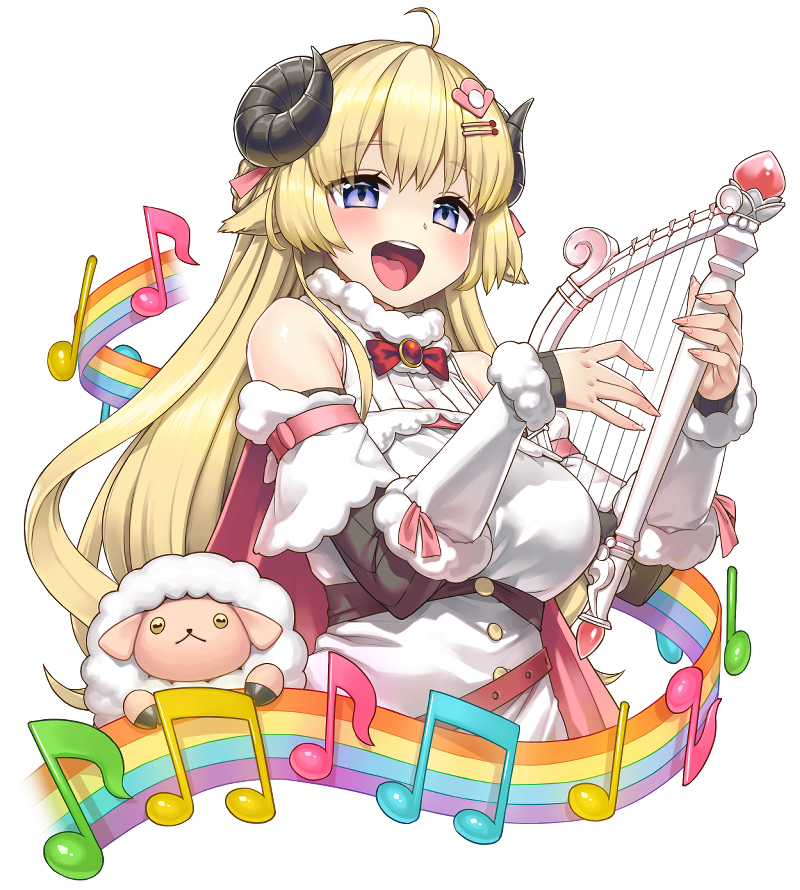 1girl :d ahoge animal_ears blonde_hair blue_eyes bow bowtie breasts brooch commentary cowboy_shot detached_sleeves dress eyelashes fur-trimmed_dress fur-trimmed_sleeves fur_trim hair_ornament hairclip harp holding holding_instrument hololive horns instrument jewelry long_hair looking_at_viewer medium_breasts musical_note open_mouth rainbow_order red_neckwear sheep sheep_ears sheep_horns simple_background six_suke smile solo staff_(music) transparent_background tsunomaki_watame virtual_youtuber white_dress wool
