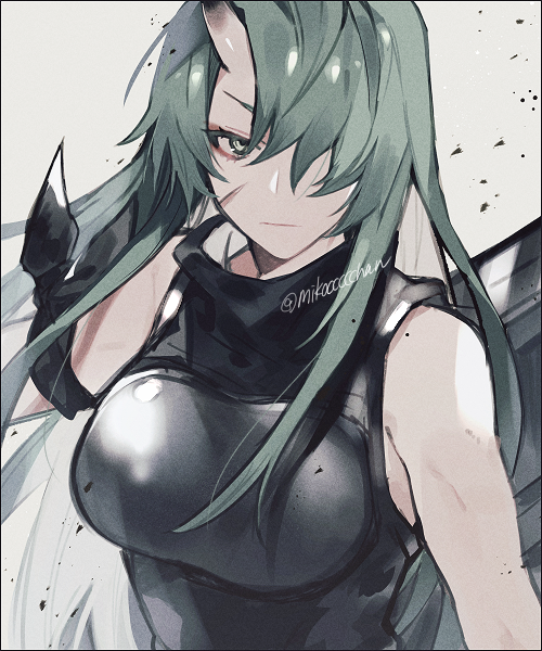 1girl arknights arm_ribbon arm_scarf bangs bare_shoulders closed_mouth commentary_request facial_scar green_eyes green_hair hair_between_eyes hair_over_one_eye horns hoshiguma_(arknights) long_hair mikoccccchan oni_horn oni_horns ribbon scar scar_on_cheek sidelocks single_horn upper_body
