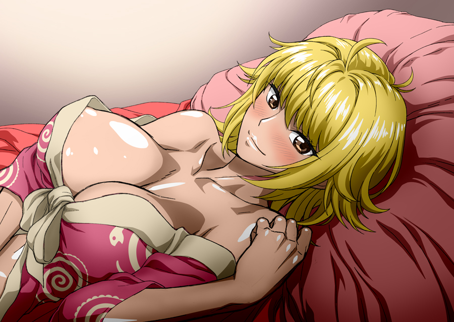 1girl artist_request bed_sheet blonde_hair blush breasts cleavage large_breasts looking_at_viewer lying marguerite on_back one_piece pajamas short_hair smile solo
