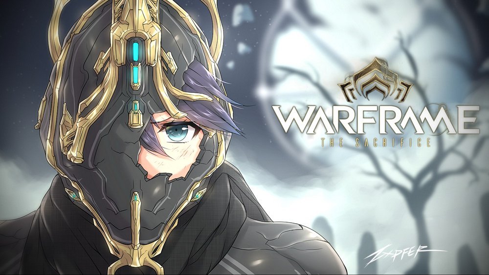 1girl armor blue_eyes broken_armor broken_helmet english_commentary excalibur_(warframe) excalibur_umbra_(warframe) gold_trim hair_between_eyes helmet looking_at_viewer purple_eyes scarf signature solo warframe zxpfer