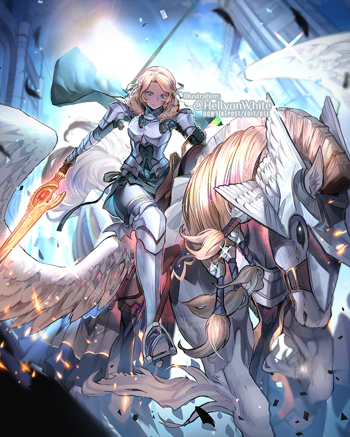 1girl armor blonde_hair cape fire_emblem fire_emblem:_three_houses fur_trim gloves green_cape green_eyes green_gloves holding ingrid_brandl_galatea paula_biedma pegasus pegasus_knight polearm riding short_hair solo twitter_username weapon