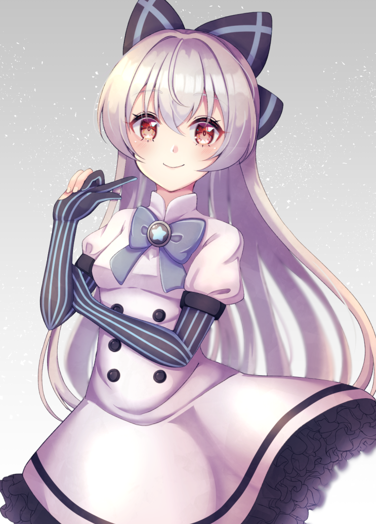 1girl black_bow blue_bow blue_stripes blurry bow bowtie breasts brooch buttons depth_of_field dress elbow_gloves fingernails girls_frontline gloves grey_background hair_bow hand_up jewelry kinubari_nerune long_hair looking_at_viewer partly_fingerless_gloves pointing pointing_at_self red_eyes silver_hair small_breasts smile snow solo star_(symbol) striped striped_bow tokarev_(girls_frontline) vertical-striped_gloves very_long_hair white_dress