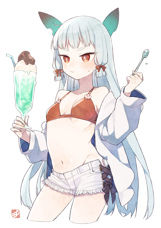 1girl alternate_costume ark_kan artist_logo bikini bikini_top blush breasts casual cleavage closed_mouth commentary cowboy_shot cup drinking_straw eating food groin headpiece holding holding_cup holding_spoon ice_cream jacket kantai_collection long_hair midriff murakumo_(kantai_collection) navel off_shoulder open_clothes open_jacket red_bikini red_eyes ribs short_shorts shorts sidelocks silver_hair simple_background small_breasts soda solo spoon straight_hair sweatdrop swimsuit thick_eyebrows thighs white_background white_jacket white_shorts