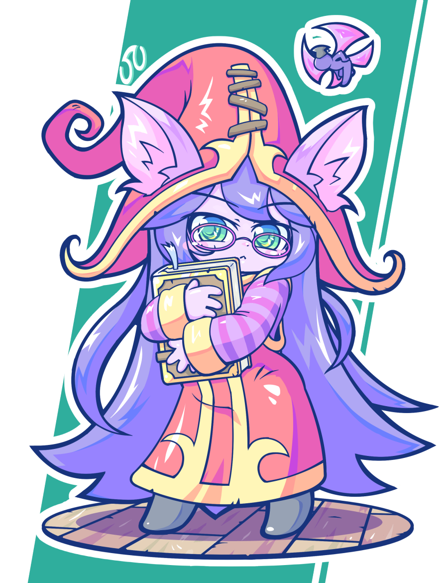 :&lt; animal_ear_fluff animal_ears bangs bespectacled blush_stickers book commentary_request eyebrows_visible_through_hair full_body glasses green_eyes hat holding holding_book kayo!!_(gotoran) league_of_legends long_hair looking_at_viewer lulu_(league_of_legends) mortarboard pix purple-framed_eyewear purple_hair simple_background standing striped_sleeves yordle