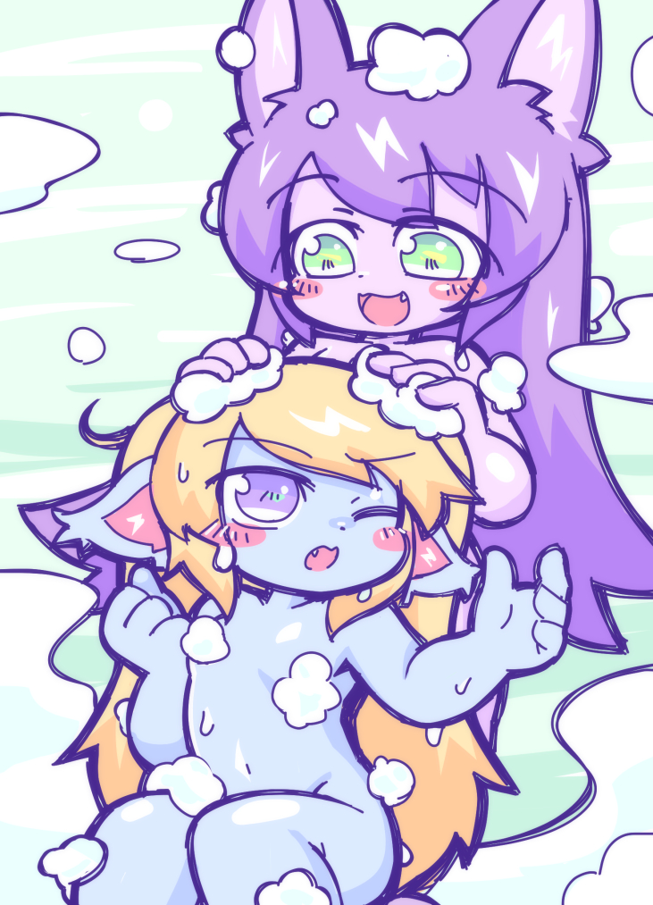 2girls :3 :d animal_ears blonde_hair blush_stickers breasts commentary_request eyebrows_visible_through_hair fang foam_censor green_eyes hair_between_eyes kayo!!_(gotoran) league_of_legends lulu_(league_of_legends) multiple_girls navel nude one_eye_closed open_mouth poppy purple_eyes purple_hair showering sitting small_breasts smile