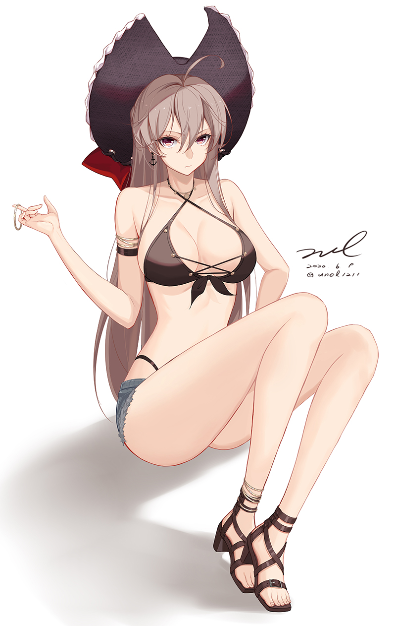 1girl ahoge arm_strap ass azur_lane bare_legs bare_shoulders bikini black_bikini black_footwear black_headwear breasts brown_hair cleavage closed_mouth collarbone criss-cross_halter cutoffs dated denim denim_shorts earrings front-tie_bikini front-tie_top frown full_body hair_between_eyes halter_top halterneck hand_up hat highleg highleg_bikini highres jean_bart_(azur_lane) jean_bart_(secret_afternoon)_(azur_lane) jewelry large_breasts long_hair looking_at_viewer micro_shorts pirate_hat red_eyes sandals shadow shorts signature sitting solo string_bikini swimsuit thighs twitter_username unel very_long_hair