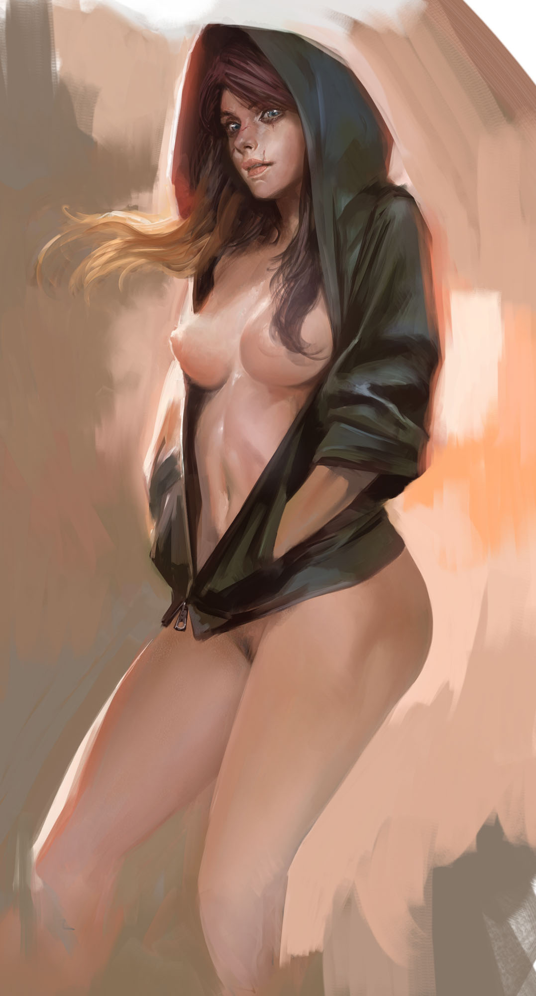 1girl blue_eyes breasts brown_hair character_request commentary_request facial_scar far_cry_5 floating_hair gradient_hair hands_in_pockets highres hood hooded_jacket ikeda_masateru jacket lips long_hair looking_at_viewer medium_breasts multicolored_hair naked_jacket navel nipples open_clothes open_jacket parted_lips pubic_hair scar scar_across_eye scar_on_cheek solo standing unzipped