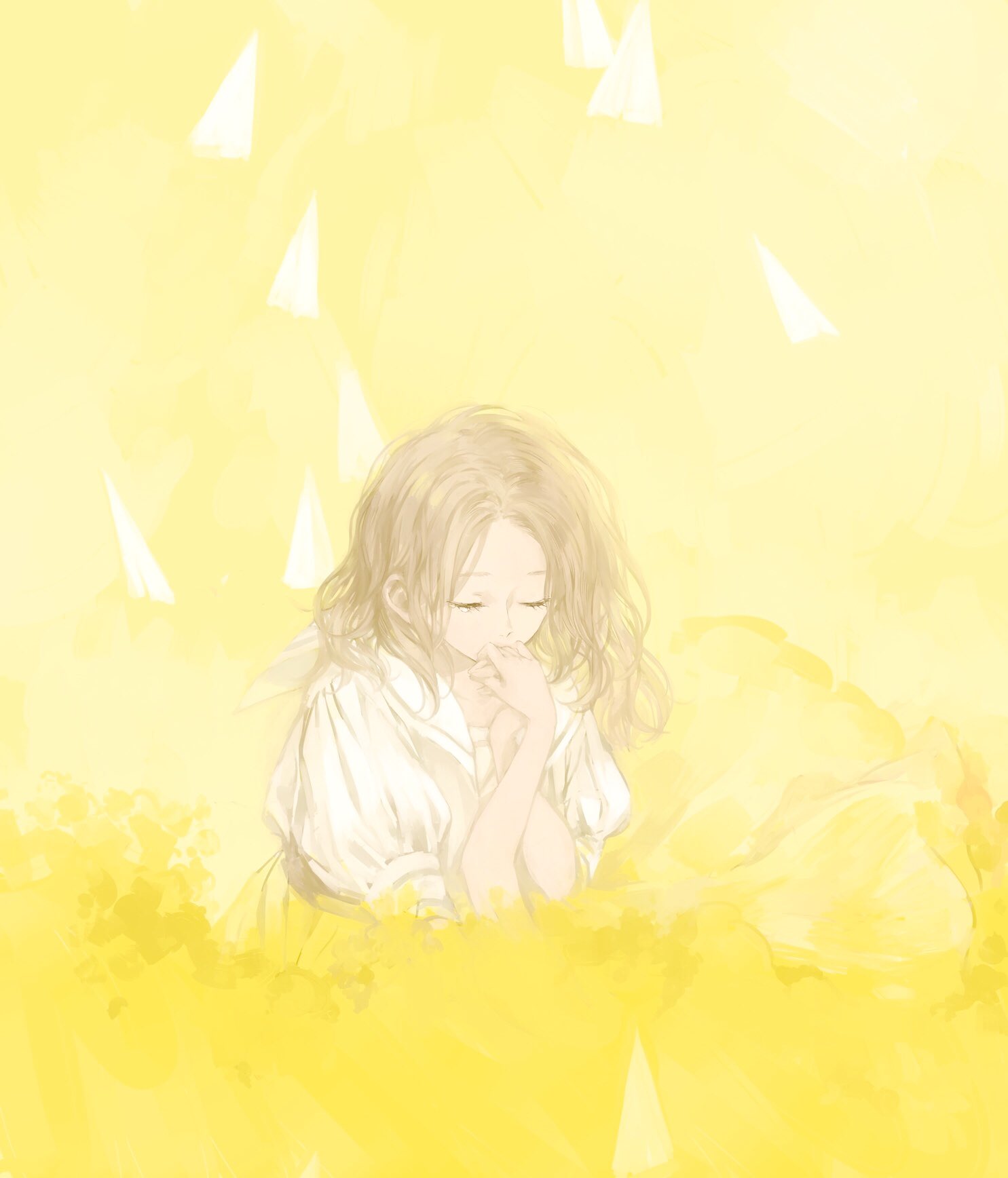 1girl blonde_hair closed_eyes hand_kiss highres holding_hands kakmxxxny06 kiss long_hair original paper_airplane puffy_short_sleeves puffy_sleeves sailor_collar short_sleeves simple_background solo tears yellow_background yellow_theme