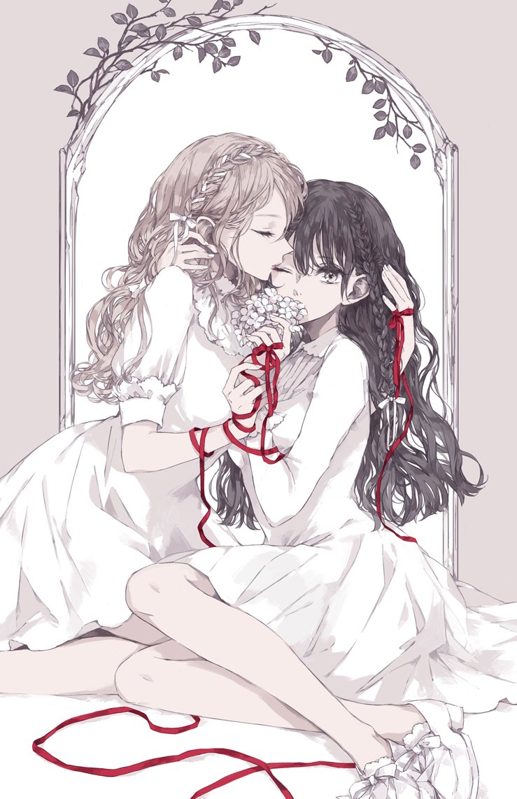 2girls bangs black_hair blonde_hair braid breasts closed_eyes dress flower hair_ribbon hand_on_another's_neck holding_hands huge_breasts kakmxxxny06 kiss long_hair multiple_girls one_eye_closed original red_ribbon ribbon shoes sitting white_dress white_footwear