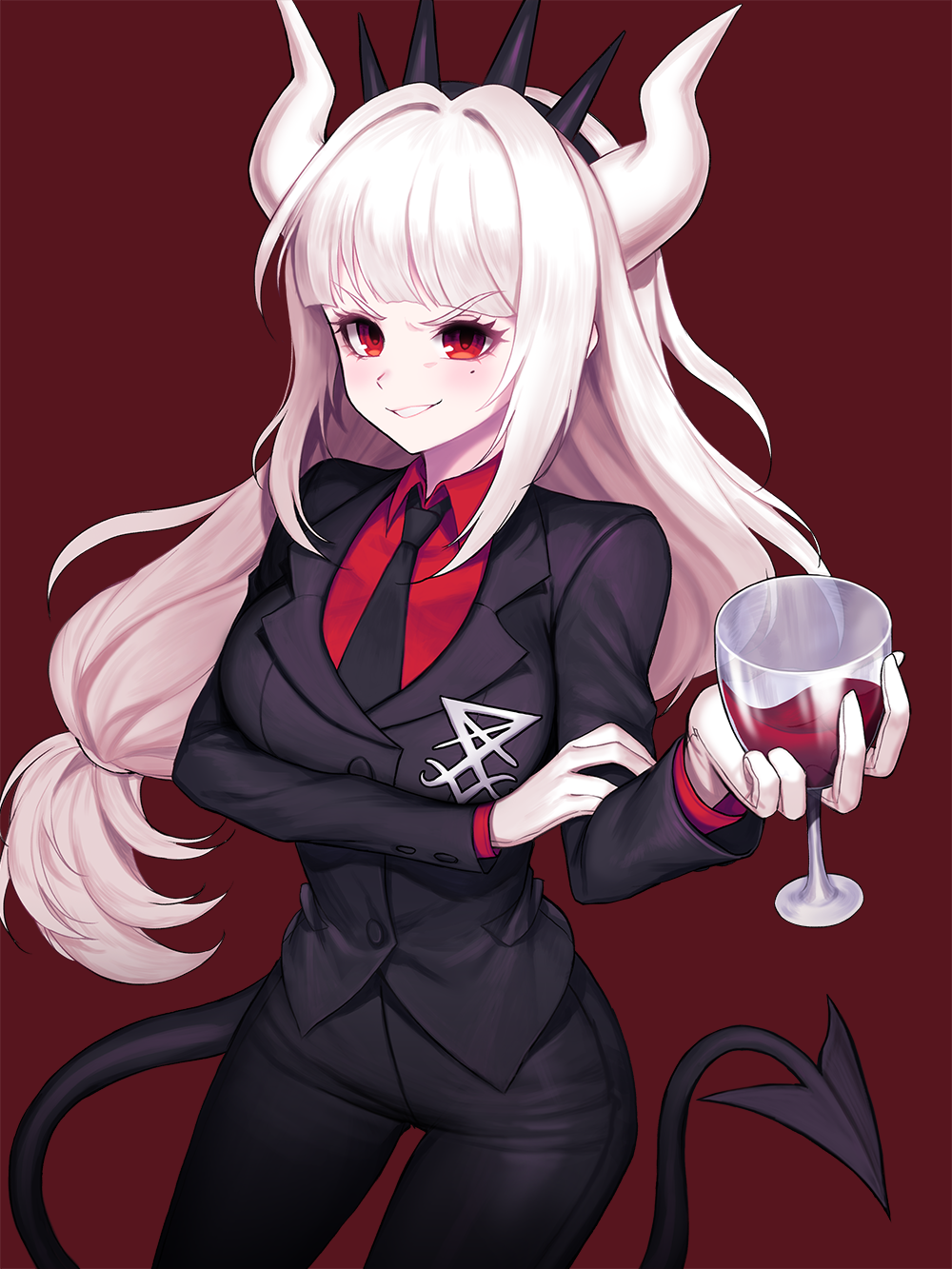 1girl bangs blush breasts commentary cup demon_girl demon_horns demon_tail drinking_glass gloves helltaker highres holding horns kyundoo large_breasts long_hair looking_at_viewer lucifer_(helltaker) mole mole_under_eye necktie pale_skin red_background red_eyes red_shirt shirt simple_background smile solo tail white_hair white_horns wine_glass