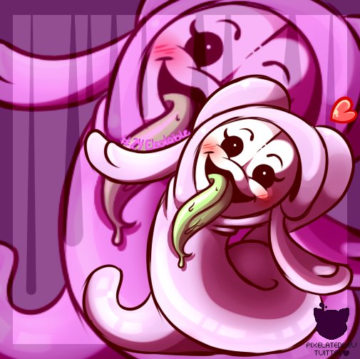 &lt;3 ambiguous_gender black_eyes blush bodily_fluids drooling ebola ebolable eyelashes fak&eacute;mon green_tongue mask pink_background pink_body pink_skin pixelated_mew pok&eacute;mon_clover saliva simple_background smile tongue tongue_out white_face