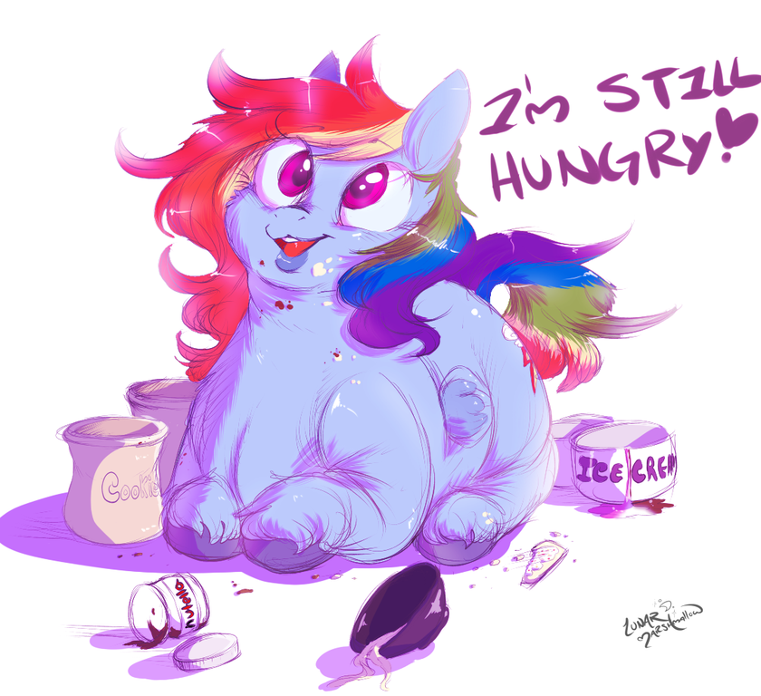 anthro cutie_mark dialogue equid equine female food friendship_is_magic lunarmarshmallow mammal my_little_pony noodles nutella overweight pegasus rainbow_dash_(mlp) solo wings