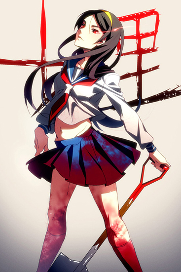 1girl arms_at_sides backlighting black_hair blood bloody_clothes blue_sailor_collar blue_skirt breasts closed_mouth collarbone dark_background expressionless feet_out_of_frame floating_hair furu_(retr0e) glowing glowing_eyes gradient gradient_background grey_background groin hairband head_tilt holding holding_shovel kitsu_chiri legs_apart light_trail lips long_hair long_sleeves looking_at_viewer midriff navel neckerchief pleated_skirt red_eyes red_neckwear sailor_collar sayonara_zetsubou_sensei school_uniform shaded_face shirt shovel simple_background skirt small_breasts socks solo standing straight_hair thick_eyebrows translation_request uniform white_legwear white_shirt yellow_hairband
