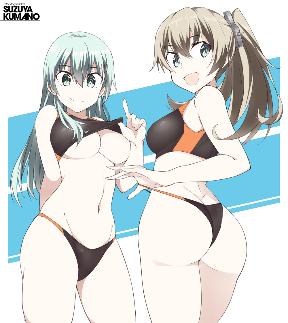 2girls :d alternate_costume ass bikini black_bikini blue_eyes breasts brown_hair character_name cowboy_shot eyebrows_visible_through_hair green_eyes green_hair groin hair_between_eyes kantai_collection kumano_(kantai_collection) large_breasts long_hair multiple_girls navel open_mouth ponytail smile souji sports_bikini sportswear suzuya_(kantai_collection) swimsuit