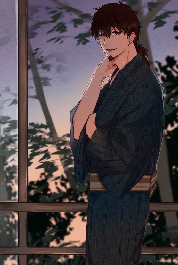 1boy alternate_costume alternate_hairstyle bangs brown_hair facial_hair fate/grand_order fate_(series) fence goatee gradient gradient_background hand_on_own_neck hector_(fate/grand_order) itokon300 japanese_clothes kimono looking_at_viewer male_focus open_mouth ponytail simple_background smile solo tree upper_body window