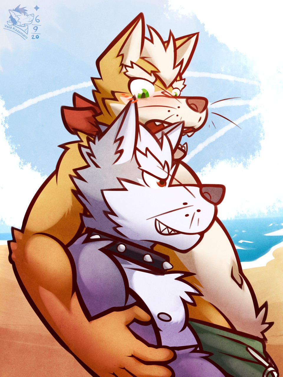 3:4 anthro beach blush canid canine canis clothed clothing collar duo fox fox_mccloud hi_res male mammal neckerchief nintendo nipples seaside star_fox topless ventkazemaru video_games whiskers wolf wolf_o'donnell