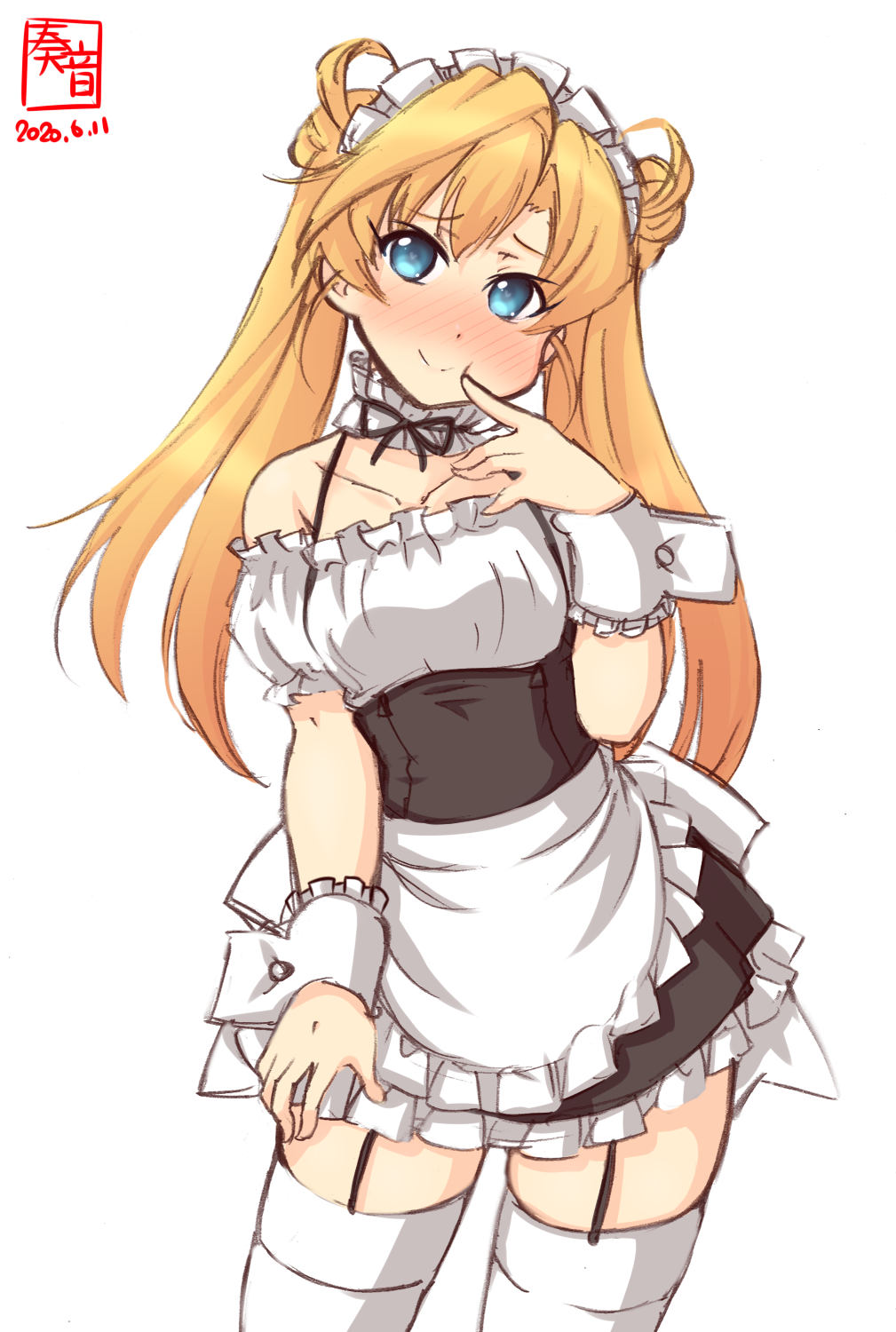 1girl abukuma_(kantai_collection) alternate_costume apron artist_logo black_skirt blonde_hair blouse blue_eyes commentary_request dated detached_sleeves double_bun enmaided frilled_apron frilled_blouse frilled_skirt frills garter_straps hair_rings highres kanon_(kurogane_knights) kantai_collection long_hair looking_at_viewer maid maid_headdress simple_background skirt smile solo standing thighhighs waist_apron white_apron white_background white_blouse white_legwear