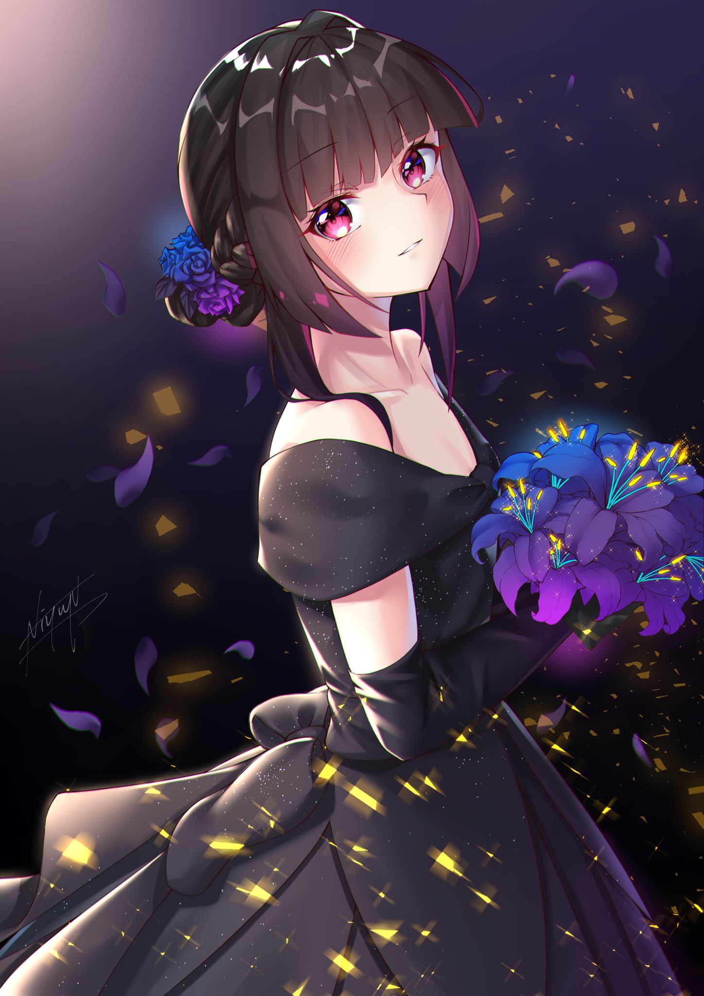 1girl bangs black_dress black_hair blue_flower blunt_bangs blush bouquet breasts cleavage collarbone dress eyebrows_visible_through_hair flower from_side hair_flower hair_ornament highres holding holding_bouquet long_dress looking_at_viewer niyu_n_iyun off-shoulder_dress off_shoulder parted_lips petals purple_flower red_eyes senki_zesshou_symphogear shiny shiny_hair short_hair signature small_breasts smile solo standing tsukuyomi_shirabe