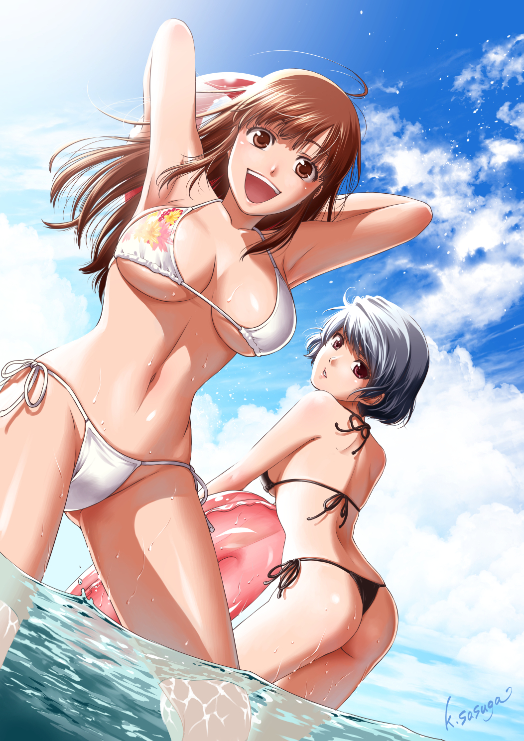 bikini cleavage domestic_na_kanojo sasuga_kei swimsuits tachibana_hina tachibana_rui wet