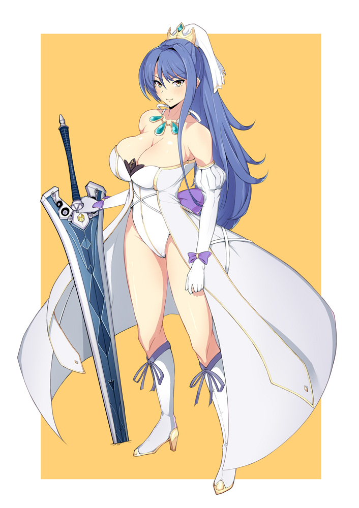 1girl alternate_costume bare_shoulders blue_hair boots breasts cleavage closed_mouth commentary crown dress eiyuu_densetsu elbow_gloves eyebrows_visible_through_hair full_body gloves greatsword hair_between_eyes head_scarf high_heel_boots high_heels jewelry knee_boots large_breasts large_pasta laura_s._arzeid leotard long_hair looking_at_viewer necklace off-shoulder_dress off_shoulder orange_background pendant ponytail sen_no_kiseki simple_background solo standing sword thighs waistcoat weapon white_background white_footwear white_gloves white_leotard yellow_eyes