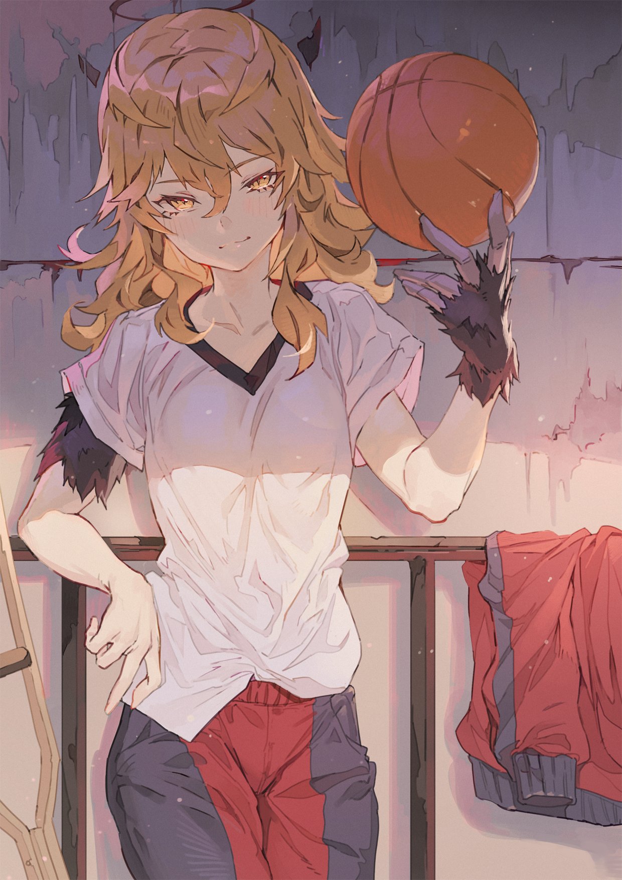 1girl :3 animal_hand ball basketball black_jacket black_legwear brown_eyes brown_hair commentary cowboy_shot crutch eyelashes fur gym_shirt hair_between_eyes halo hanamonogatari hand_on_hip highres holding holding_ball hong horns jacket jacket_removed light_blush light_smile looking_at_viewer messy_hair monogatari_(series) numachi_rouka pants railing red_jacket red_legwear shirt short_sleeves solo spoilers standing track_jacket track_pants two-tone_jacket two-tone_legwear wall white_shirt