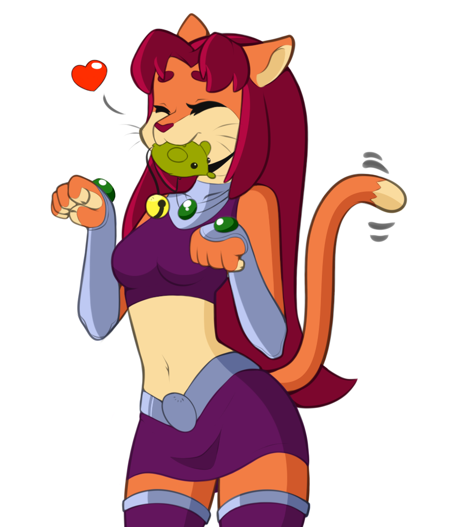 &lt;3 anthro armwear bottomwear cartoon_network cat_starfire clothed clothing dc_comics domestic_cat eyes_closed fangs felid feline felis female happy jegc mammal princess_koriand'r simple_background skirt solo teen_titans teen_titans_(television_series) toy toy_mouse zeigram