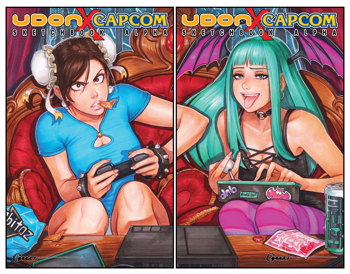 2girls alternate_legwear arcade_stick bag_of_chips bangs bare_legs blunt_bangs bracelet brand_name_imitation breasts brown_hair bun_cover capcom casual choker chun-li cleavage cleavage_cutout company_connection controller couch cover cover_page crossover doritos double_bun earrings eyelashes eyeshadow game_console game_controller gameplay_mechanics green_eyes green_hair head_wings jewelry joystick lips long_hair makeup medium_breasts morrigan_aensland multiple_girls nose o-ring o-ring_choker omar_dogan panties pantyhose pink_lips playing_games purple_legwear short_hair sitting spiked_bracelet spikes straight_hair street_fighter striped striped_legwear tongue tongue_out underwear vampire_(game) white_panties wireless