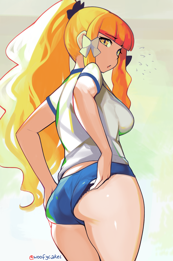 1girl adjusting_clothes adjusting_panties ass backlighting bangs black_bow black_panties blonde_hair blue_buruma blunt_bangs bow breasts buruma cowboy_shot eric_muentes flying_sweatdrops from_behind gym_uniform hair_bow large_breasts looking_back panties panties_under_buruma ponytail princess_connect! princess_connect!_re:dive saren_(princess_connect!) sidelocks solo standing thick_thighs thighs underwear white_bow yellow_eyes