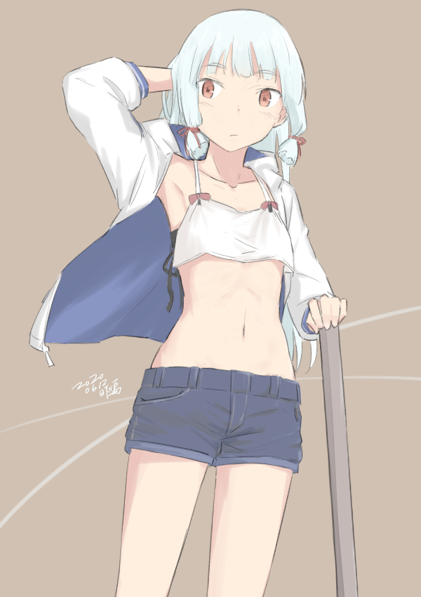 1girl alternate_costume artist_name blue_shorts brown_background camisole casual collarbone cowboy_shot crop_top dated denim denim_shorts hair_ribbon hood hooded_jacket hoodie jacket kantai_collection kusakasima long_hair midriff murakumo_(kantai_collection) orange_eyes ribbon short_eyebrows shorts sidelocks silver_hair solo standing stick tress_ribbon two-tone_background white_camisole white_jacket