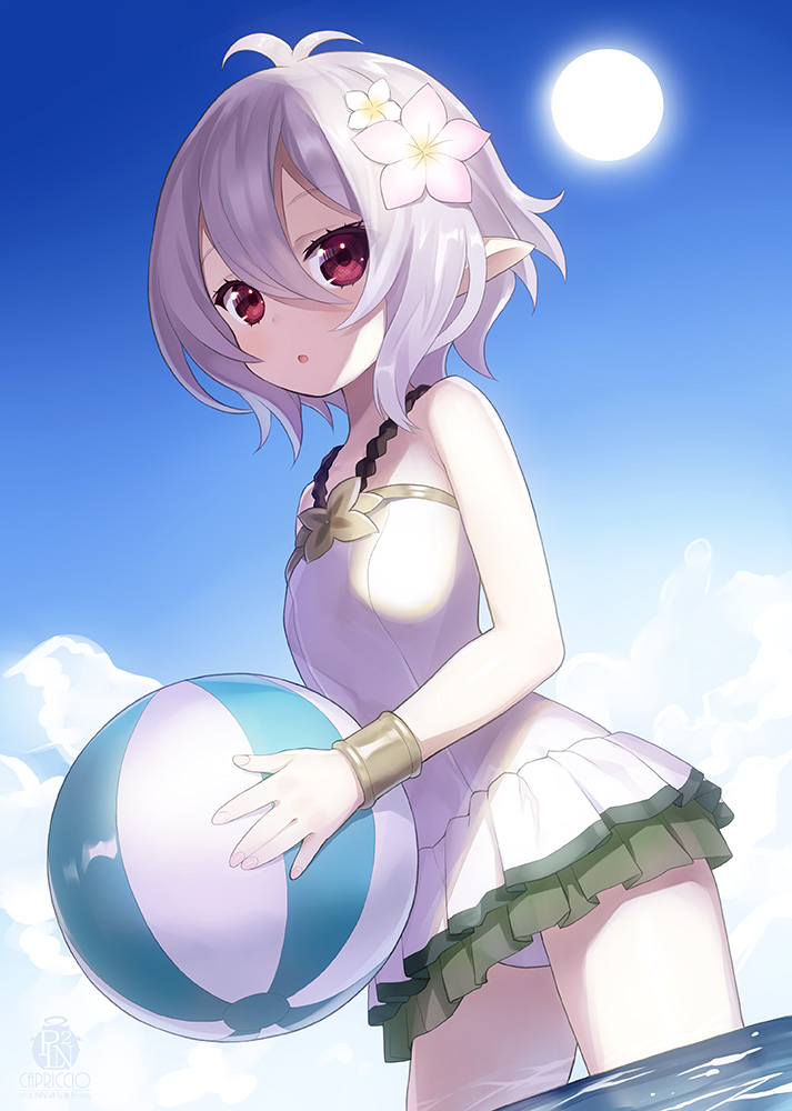 1girl :o antenna_hair ball bangs bare_shoulders beachball blue_sky breasts capriccio casual_one-piece_swimsuit cloud commentary_request day eyebrows_visible_through_hair flower hair_between_eyes hair_flower hair_ornament holding holding_ball kokkoro_(princess_connect!) looking_at_viewer one-piece_swimsuit outdoors parted_lips pink_flower pointy_ears princess_connect! princess_connect!_re:dive red_eyes silver_hair sky small_breasts solo standing sun swimsuit wading water white_flower white_swimsuit