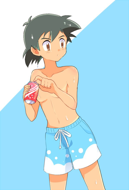 1boy black_hair blue_swim_trunks brown_eyes bubble_print can holding_drink looking_to_the_side male_swimwear mei_(maysroom) pokemon pokemon_(anime) satoshi_(pokemon) shirtless soda_can solo spiked_hair sweat swim_trunks swimwear tagme two-tone_background