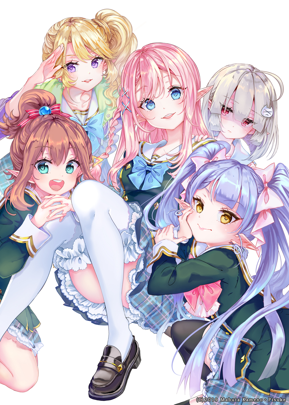 2019 5girls :&gt; :d aqua_eyes arm_up artist_name bangs black_footwear black_legwear blonde_hair blue_bow blue_eyes blue_hair blunt_bangs blush bow bowtie braid brown_hair cat_hair_ornament character_request closed_mouth collarbone elf elf_gakuen_no_love_come_wa_sotsugyou_dekinai eyebrows_visible_through_hair eyes_visible_through_hair hair_between_eyes hair_bow hair_ornament hand_on_another's_shoulder hand_on_own_cheek highres kneeling layered_skirt loafers long_hair long_sleeves looking_at_viewer multiple_girls novel_illustration official_art open_mouth parted_lips pink_hair pisuke plaid plaid_skirt pointy_ears ponytail purple_eyes red_eyes round_teeth school_uniform shaded_face shoes side_ponytail sidelocks sitting skirt smile teeth textless thighhighs twintails upper_teeth upskirt wavy_hair white_background white_legwear x_hair_ornament yellow_eyes