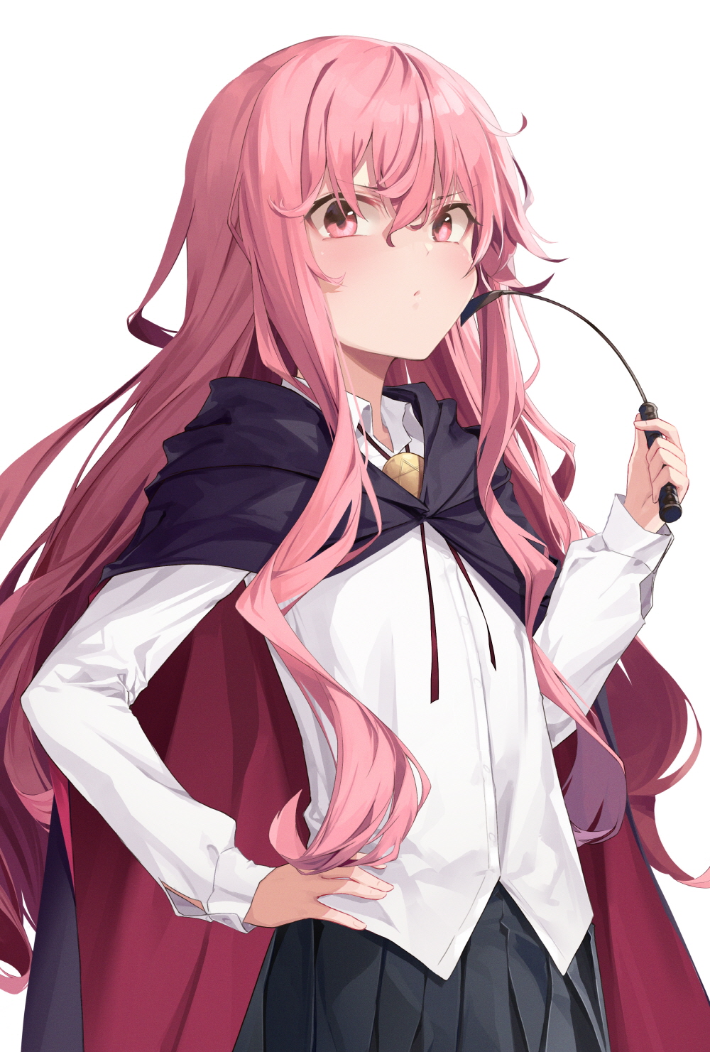 1girl black_skirt cape collared_shirt dress_shirt flat_chest frown hand_on_hip hand_up highres holding long_hair looking_at_viewer louise_francoise_le_blanc_de_la_valliere pink_eyes pink_hair pleated_skirt riding_crop shirt simple_background skirt solo soya_(torga) upper_body white_background white_shirt zero_no_tsukaima