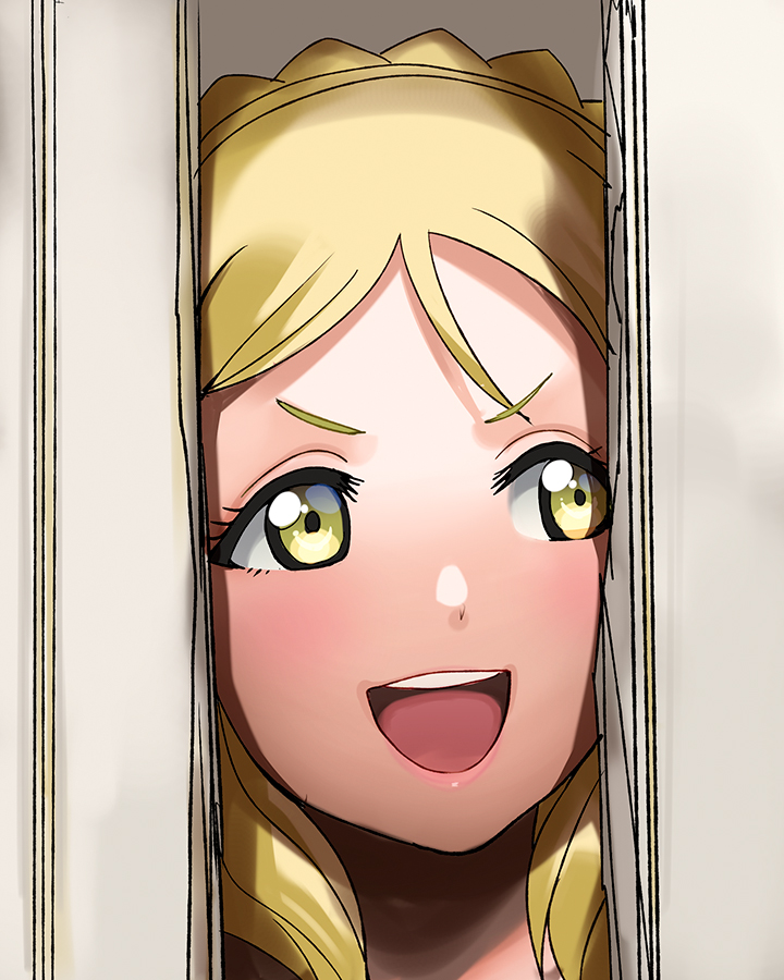 1girl :d a1 birthday blonde_hair braid broken_door crown_braid evil_smile eyelashes glance green_eyes hair_rings here's_johnny! hole_in_wall looking_to_the_side love_live! love_live!_sunshine!! ohara_mari open_mouth parody portrait smile solo tareme the_shining v-shaped_eyebrows yellow_eyes