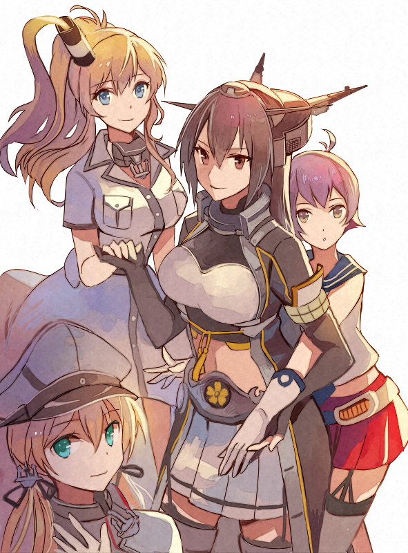 4girls bangs black_gloves black_hair blonde_hair breast_pocket breasts brown_hair dress elbow_gloves garter_straps gloves hair_between_eyes hair_ribbon hat headgear holding_hands kantai_collection kasumi_(skchkko) large_breasts long_hair multiple_girls nagato_(kantai_collection) operation_crossroads partly_fingerless_gloves peaked_cap pleated_skirt pocket prinz_eugen_(kantai_collection) purple_hair red_skirt remodel_(kantai_collection) ribbon sailor_collar sakawa_(kantai_collection) saratoga_(kantai_collection) short_hair simple_background skirt smile thighhighs twintails white_background white_gloves white_skirt