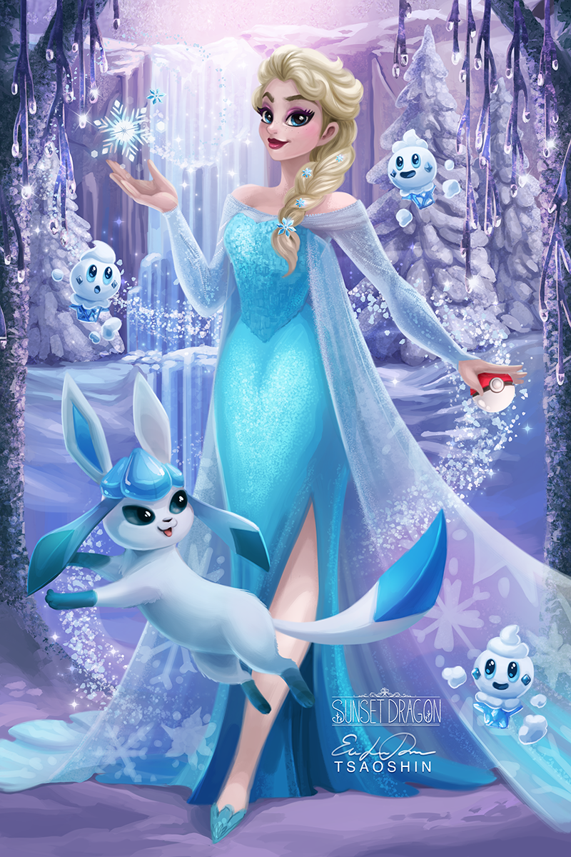 2017 animate_inanimate blonde_hair blue_body blue_eyes blue_fur blue_sclera clothing disney dress eeveelution eyebrows feral frozen_(movie) fur glaceon hair hi_res human ice lips mammal nintendo pok&eacute;mon pok&eacute;mon_(species) queen_elsa_(frozen) signature snow snowflake tree tsaoshin vanillite video_games white_body