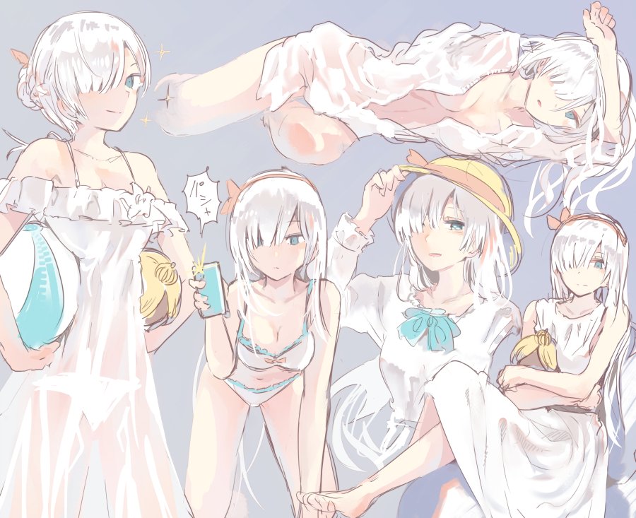 1girl anastasia_(fate/grand_order) ball bangs bare_shoulders beachball bikini blue_eyes blush breasts cellphone cleavage closed_mouth collarbone doll dress dress_shirt fate/grand_order fate_(series) hair_bun hair_over_one_eye hairband hat inaeda_kei large_breasts looking_at_viewer lying multiple_views navel on_side open_clothes open_mouth open_shirt phone shirt silver_hair sitting smile sparkle swimsuit viy white_bikini white_dress white_shirt