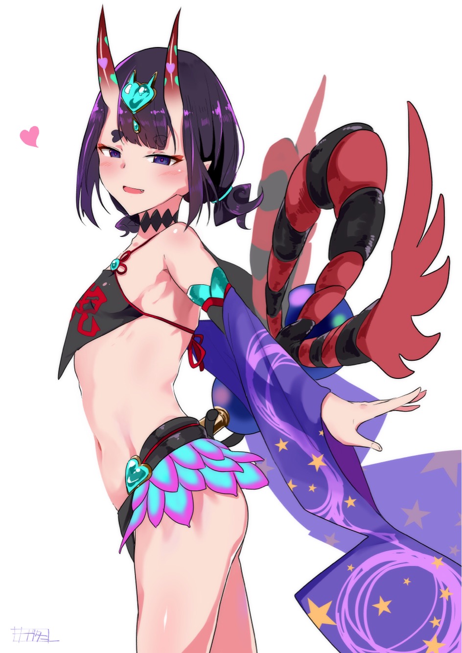 1girl bangs bare_shoulders black_fundoshi blush breasts chinese_clothes choker detached_sleeves dudou eyeliner fang fate/grand_order fate_(series) forehead_jewel fundoshi gourd heart highres horns japanese_clothes looking_at_viewer low_twintails makeup nagatani_(nagata2) navel oni oni_horns open_mouth pointy_ears purple_eyes purple_hair rope shawl short_eyebrows short_hair short_twintails shuten_douji_(fate/grand_order) shuten_douji_(halloween_caster)_(fate) simple_background skin-covered_horns small_breasts smile star_(symbol) star_print thighs twintails white_background