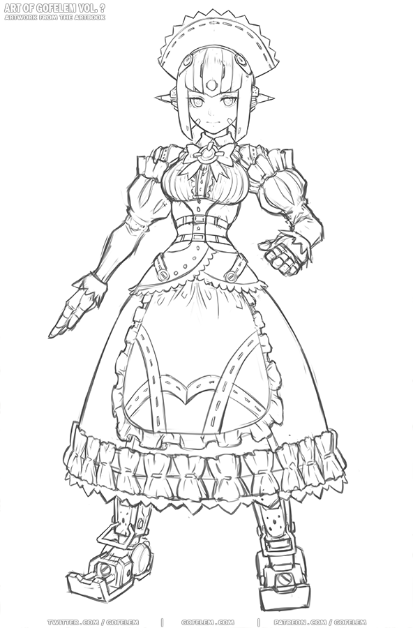 1girl android apron breasts dress facial_mark greyscale hat joints kiku_(xenoblade_2) large_breasts long_dress maid maid_apron marfrey monochrome robot_joints short_hair simple_background sketch solo white_background xenoblade_(series) xenoblade_2
